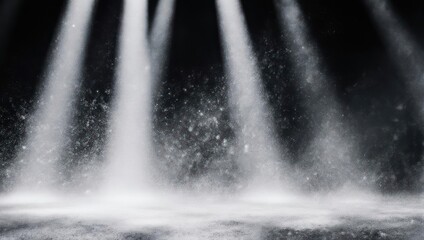 Dramatic stage lighting with beams of light piercing through a smoky, abstract backdrop