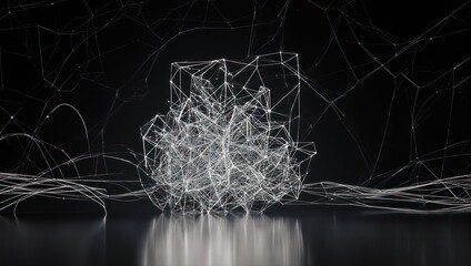 Abstract 3D network-like structure glows against a dark background, with curving lines