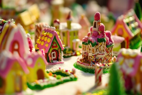 Miniature gingerbread village with pink towers and candy chapel, closeup tiltshift perspective evokes magical toy world with icingcovered houses, colorful frosting details, sprinkles and marshmallow