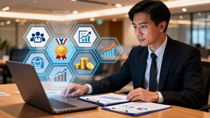 Businessman working on laptop with data icons