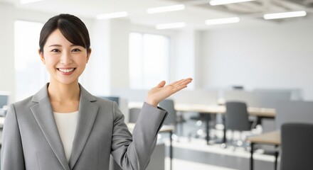 モダンなオフィスを笑顔で案内する20代日本人女性社員