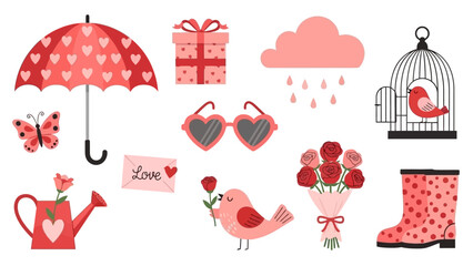 Fototapeta premium Cute Valentine's Day Icons: Umbrella, Gift, Cloud, Bird, Roses, Boots and More