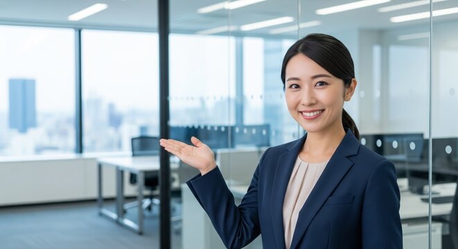 モダンなオフィスを笑顔で案内する20代日本人女性社員