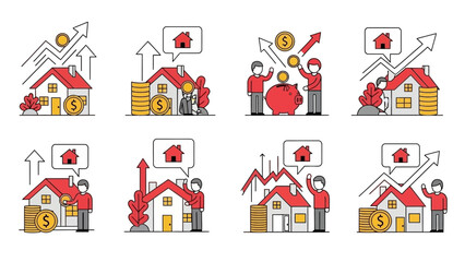 Fototapeta premium Real Estate Investment Growth: Houses, Money, and Financial Success Icons