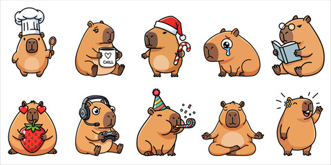 Set of cute kawaii capybara stickers for daily emotions and activities, funny exotic animal characters including chef, gamer, Santa and yoga poses for social media and planners, isolated vector.