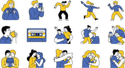 Young people lifestyle flat illustration set showing friendship, love, music, photography, communication and happy social moments in modern blue yellow style