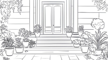 Front Porch Illustration, Outline, Elegant Home, Calm Exterior