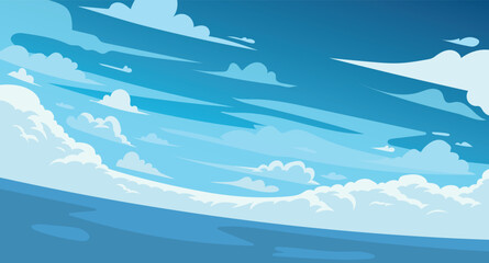 Peaceful blue sky over sea with white fluffy clouds anime landscape