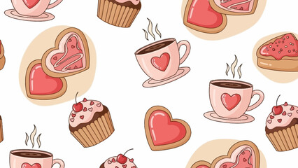 Seamless Pattern of Cute Valentine's Day Sweets and Hot Drinks with Hearts