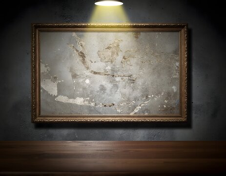 Framed Indonesian maps displayed on a dark wall with a spotlight shining down