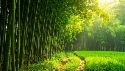 Lush Bamboo Forest Path Bathed in Golden Sunlight.