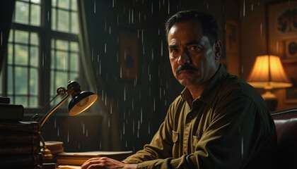 Obraz premium Man Studying at Desk with Lamp Light and Rain Outside Window