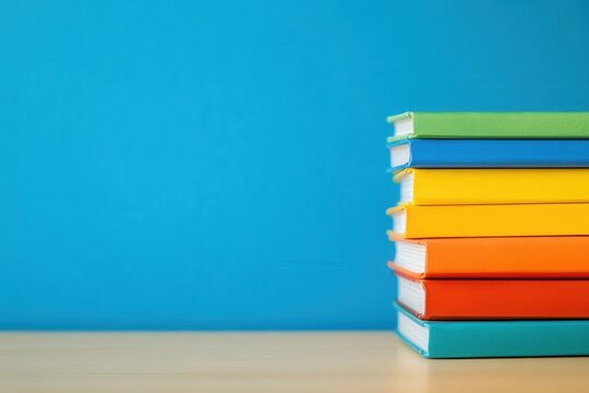 neat stack of colorful books right, vivid blue wall and clean surface form modern elearning or corporate training header with clear space for course title, logo, or enrollment call arrangement