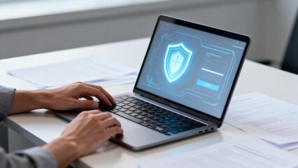 Person working on laptop with security screen
