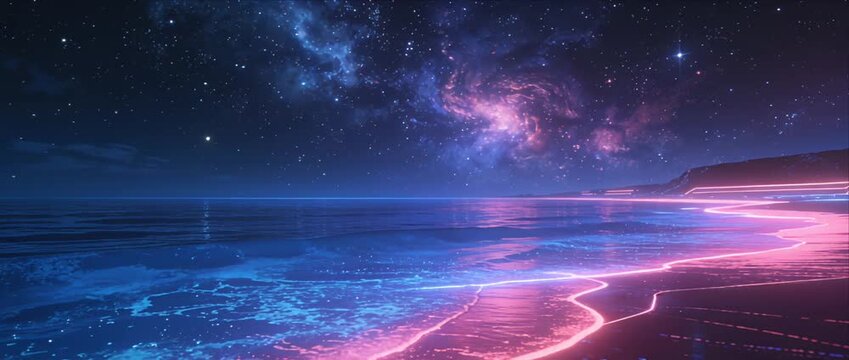 Neon beach night sky galaxy sea wave cyberpunk reflection coastline fantasy glowing shoreline futuristic coast starry sky technology dream surreal fantasy horizon under cosmic galaxy neon glow