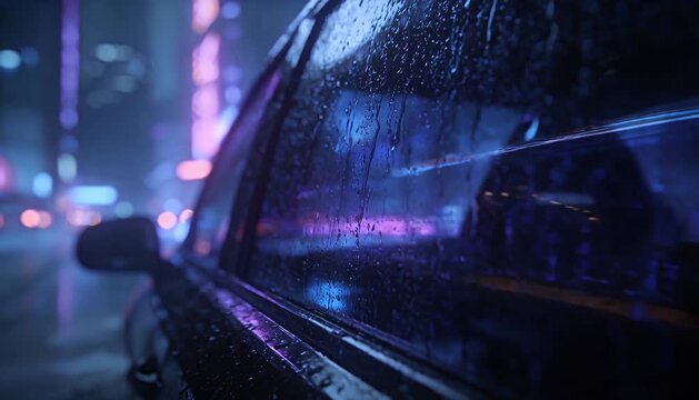 Rainy city drive neon lights reflections on wet car window, bokeh blur, night journey rain, window, blur.