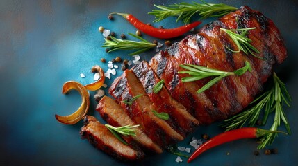 Grilled marinated pork arrachera with fresh herbs and spices, presented on a vibrant blue background, ideal for food photography, restaurant menus, or culinary promotions with copy space