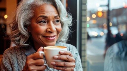 Enjoying coffee at a local cafe while watching the busy street in the evening