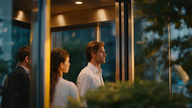 Office building elevator scene during business hours, professionals standing inside conveying productivity, time management, and urban work culture. cinematic color correction, natural uneven