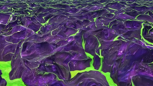Surreal landscape of moving purple liquid ripples with bright neon green light glowing from the crevices.