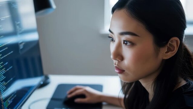 Woman works on computer coding in a bright room during the morning hours