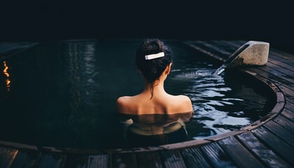 Woman relaxing in a traditional Japanese onsen at night.