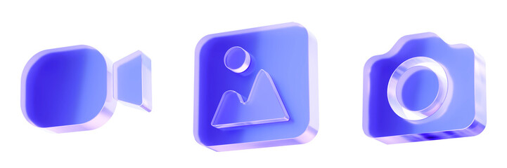 Set 3D Glass media content icon isolated on transparent background, concept of video recording, image gallery, and digital photography. Transparent Liquid Glass icon. 3D rendering.