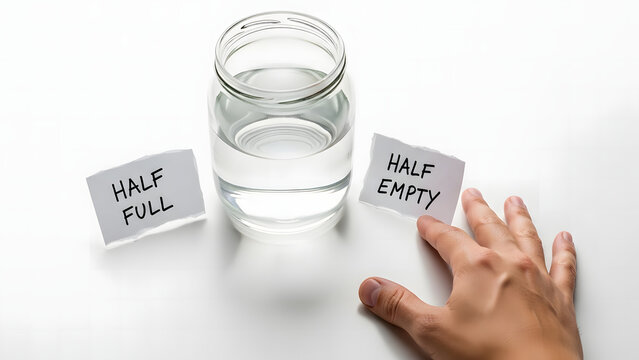 The classic 'half full vs. half empty' glass dilemma, representing optimism and pessimism and how we perceive situations