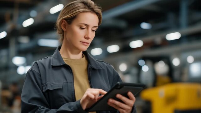 Production coordinator tracking manufacturing stages on a factory floor, tablets displaying workflow status and quality checkpoints. cinematic color correction, natural uneven lighting yet gentle
