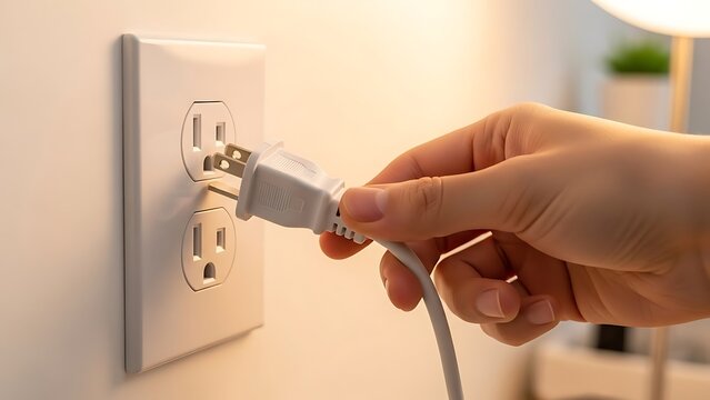 A human hand carefully inserts an electrical plug into a wall outlet, connecting power.