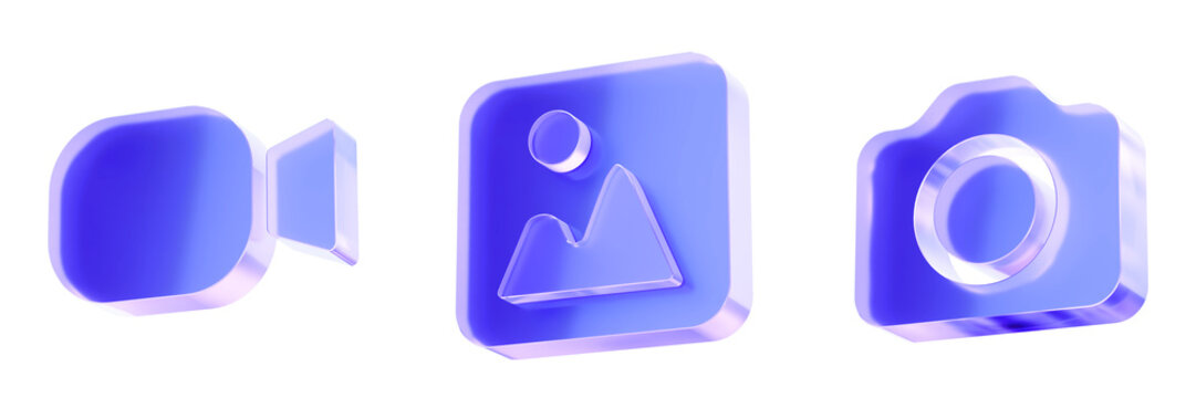 Set 3D Glass media content icon isolated on transparent background, concept of video recording, image gallery, and digital photography. Transparent Liquid Glass icon. 3D rendering.