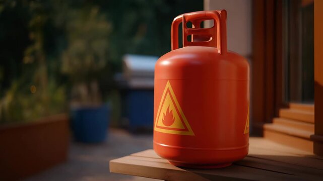 Red LPG gas cylinder featuring a warning sign, industrial fuel container representing liquefied petroleum gas storage, safety standards, and hazard identification. cinematic color correction,