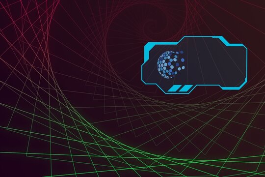 Dark geometric background with spiral lines and futuristic blue frame - Powered by Adobe