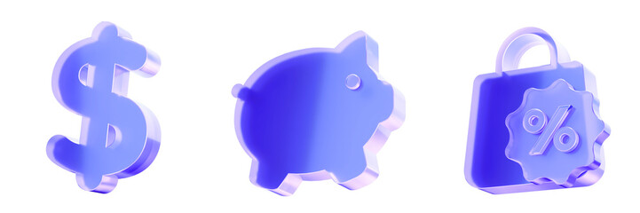 Set 3D Glass finance and shopping icon isolated on transparent background, concept of money currency, savings piggy bank, and discount promotion offer. Transparent Liquid Glass icon. 3D rendering.