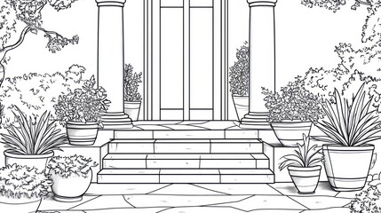 Exterior porch, line drawing, house, plants, illustration, background, design, architectural sketch