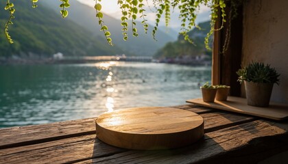 Wooden Round Display Stand on Rustic Table with Serene River Landscape at Sunrise.