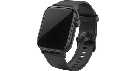 Black smartwatch mockup with blank screen isolated on transparent background