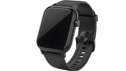 Black smartwatch mockup with blank screen isolated on transparent background