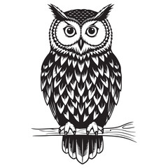 Black and White Stylized Owl Illustration Perched on a Branch