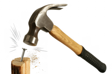 Hammer hitting nail into wood construction tool isolated on a transparent background