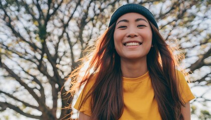 Young Asian Woman Smiling Happily Outdoors in Autumn Sunlight.