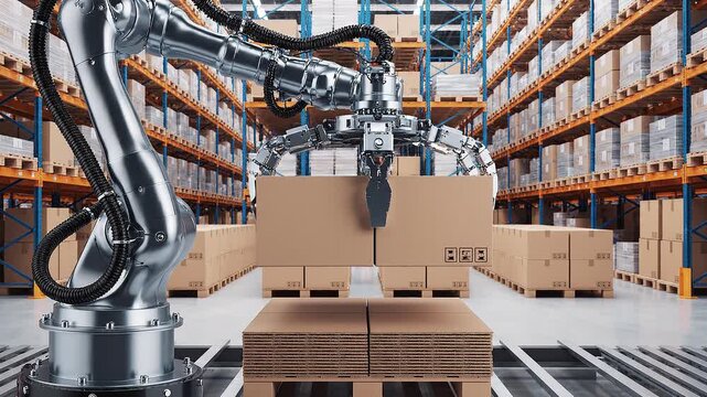Robotic arm lifting cardboard boxes in an automated warehouse, smart factory concept