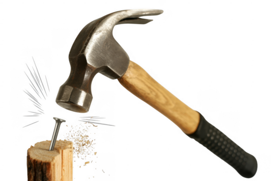 Hammer hitting nail into wood construction tool isolated on a transparent background - Powered by Adobe