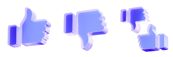 Set 3D Glass feedback reaction icon isolated on transparent background, concept of approval like gesture, dislike decision, and user opinion rating response. Transparent Liquid Glass icon. 3D render