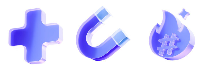 Obraz premium Set 3D Glass action and engagement icon isolated on transparent background, add positive symbol, magnetic attraction force, and trending hashtag social media activity. Transparent Liquid Glass icon.