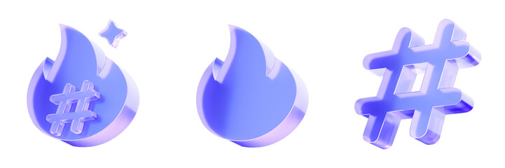 Set 3D Glass trending hashtag icon isolated on transparent background, concept of viral social media topic, hot trend discovery, and popular content engagement. Transparent Liquid Glass icon