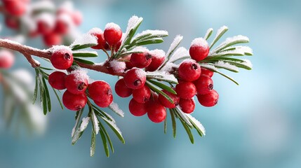 Close-up of snow-covered evergreen branch with clusters of bright red berries and frosted needles, illuminated by soft winter light, ideal for festive holiday decor and seasonal wall art