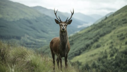 Obraz premium Majestic deer in natural habitat with green hills and dramatic skies