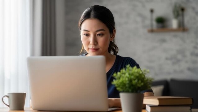 Woman works on laptop at home during afternoon while sitting at a table