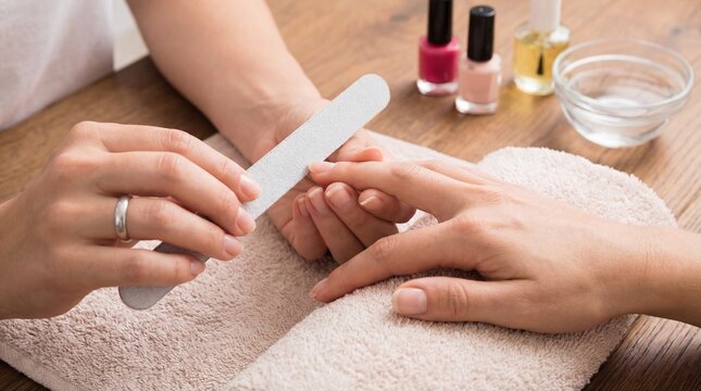 Person getting their fingernails shaped with a nail file by a professional in a salon setting with polish bottles